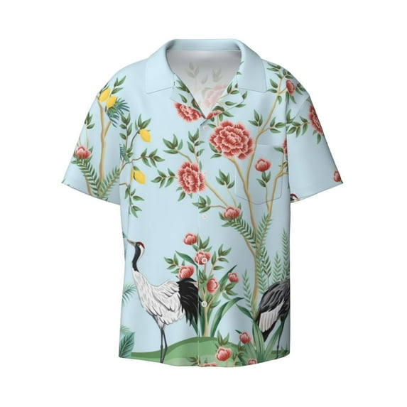 Balery Chinoiserie Floral Palm Tree Men's Casual Button Down Shirt Short Sleeve Textured Summer Cuban Beach Shirts-Medium