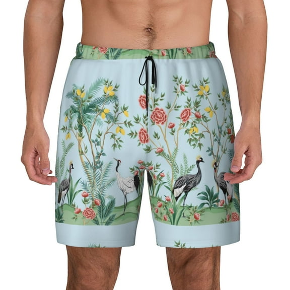 Balery Chinoiserie Floral Palm Tree Mens Swim Trunks Swim Shorts for Men Quick Dry Inseam Beach Shorts with Compression Liner Pocket-Small