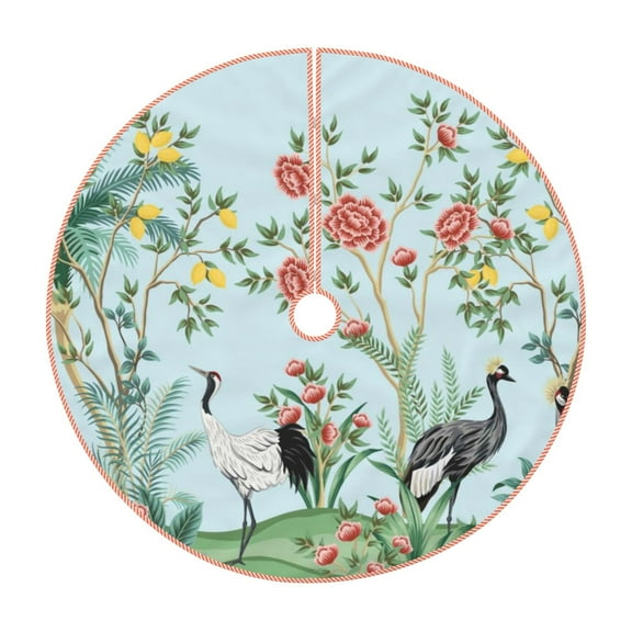 Balery Chinoiserie Floral Palm Tree Printed Christmas Tree Skirt , Merry Christmas Party Christmas Tree Decoration,Adjustable Tree Skirt-30"