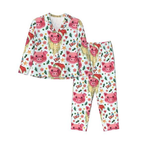 Balery Christmas Cute Pigs Pattern Pajama Sets for Women Long Sleeve 2 Piece Sleepwear Loungewear Sets Soft PJ's with Pockets Long Sleeve Comfy Pj Sets-Small