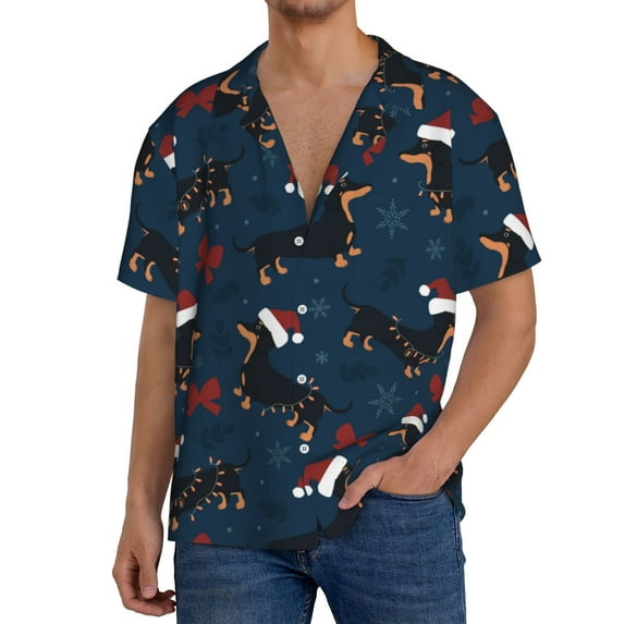 Balery Christmas Dachshund Men's Casual Button Down Shirt Short Sleeve Textured Summer Cuban Beach Shirts-XX-Large