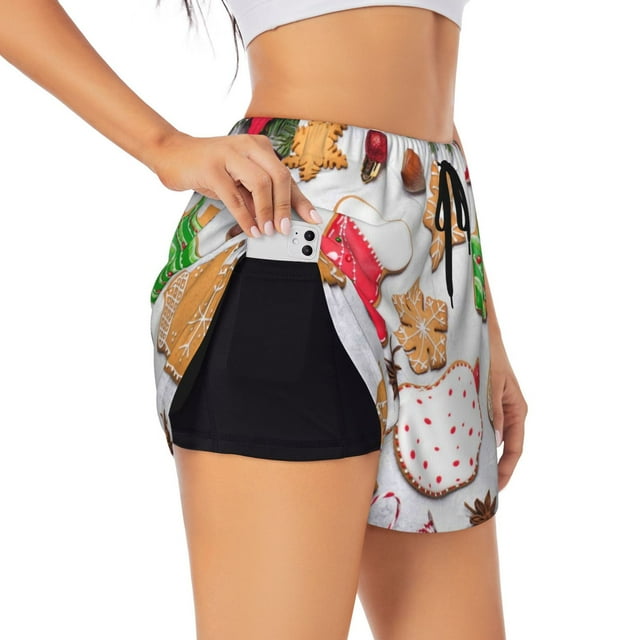 Balery Christmas Gingerbread Cookies Pattern Women's Running Shorts with Liner 2 Pockets Elastic Workout Athletic Gym Yoga Shorts-Small