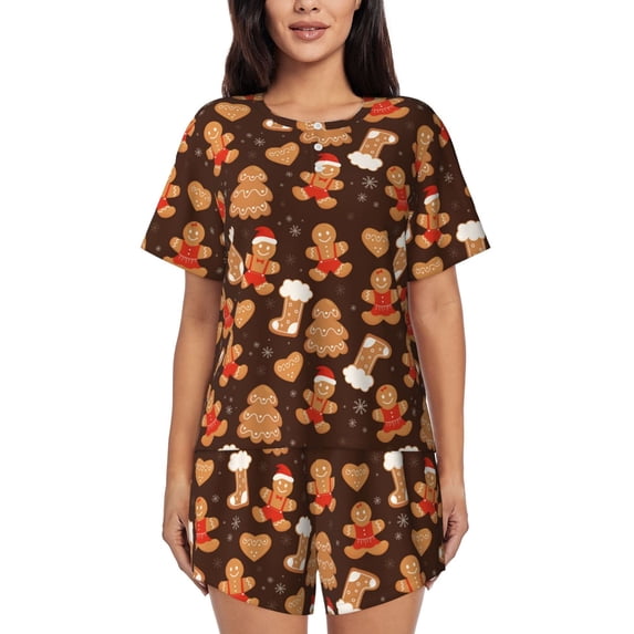 Balery Christmas Gingerbread Cookies Pattern Womens Pajama Sets 2 Piece Soft Short Sleeve Top and Shorts Sleepwear Round Neck Pjs Lounge Set with Pockets-Large