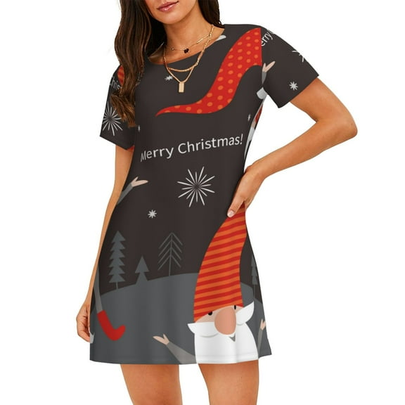 Balery Christmas Gnomes In Red Hats Pattern Womens Short Sleeve Sleepshirt Scoopneck Cute Nightdress Comfy Nightgown Loungewear Dress