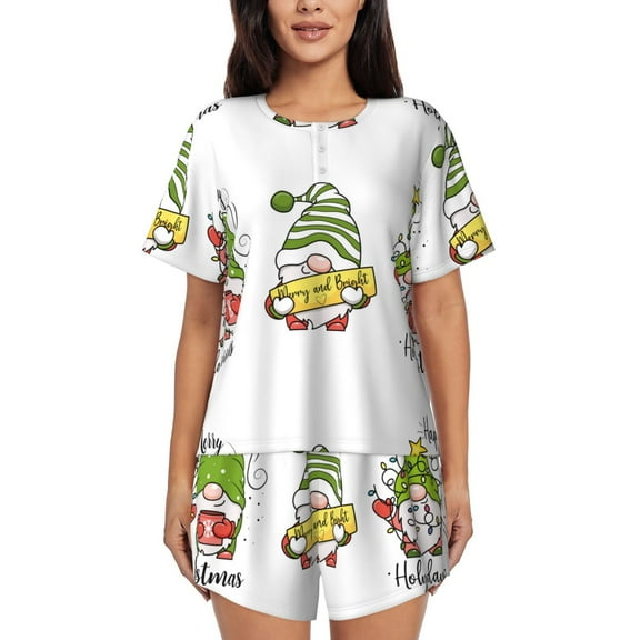 Balery Christmas Gnomes Pattern Womens Pajama Sets 2 Piece Soft Short Sleeve Top and Shorts Sleepwear Round Neck Pjs Lounge Set with Pockets-Small