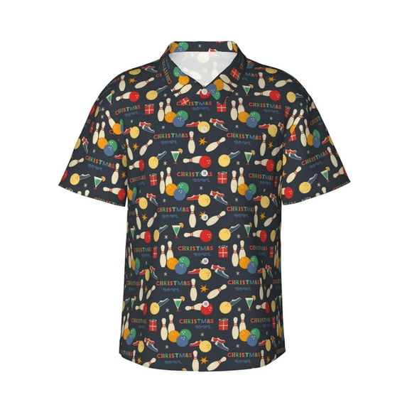 Balery Christmas Holiday Bowling Print Men's Hawaiian Shirts Short Sleeve Beach Shirt Relaxed Fit Vacation Button Down Shirts-XX-Large