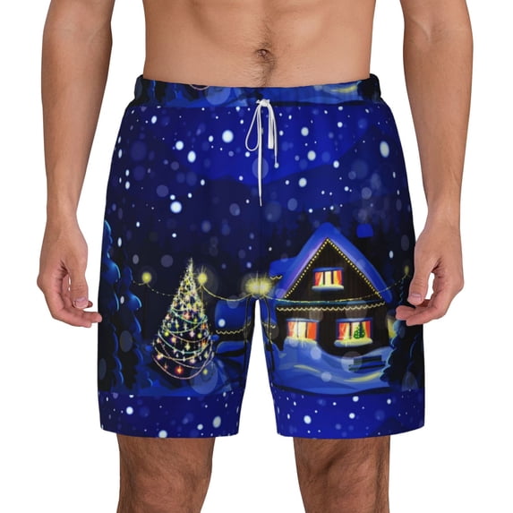 Balery Christmas Night Mens Swim Trunks Swim Shorts for Men Quick Dry Inseam Beach Shorts with Compression Liner Pocket-Small