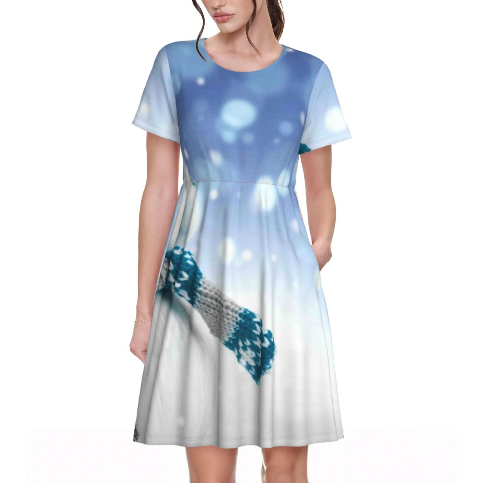 Balery Christmas Snowman In The Snow Pattern Womens Dresses Loose Short sleeve Sundresses