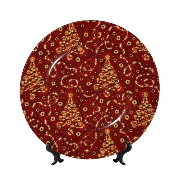 Balery Christmas Tree On A Red Background Print Bone China Decorative Plate Ceramic Dinner Plates Art Crafts with Display Stand-6in