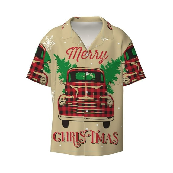 Balery Christmas Vintage Red Truck Men's Casual Button Down Shirt Short Sleeve Textured Summer Cuban Beach Shirts-Large