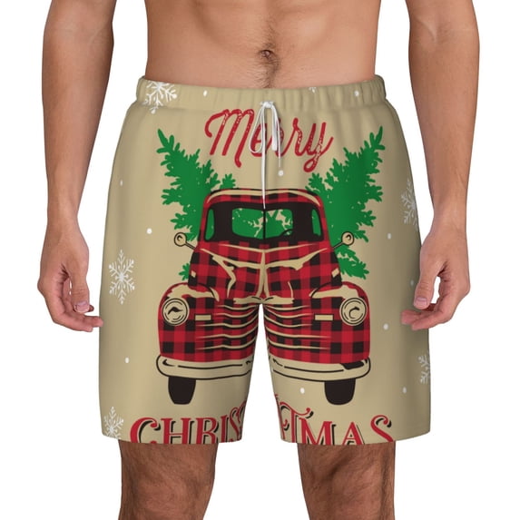 Balery Christmas Vintage Red Truck Mens Swim Trunks Swim Shorts for Men Quick Dry Inseam Beach Shorts with Compression Liner Pocket-Large