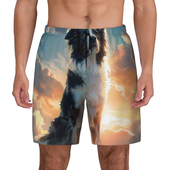 Balery Cloud Border Collie Mens Swim Trunks Swim Shorts for Men Quick Dry Inseam Beach Shorts with Compression Liner Pocket-Large