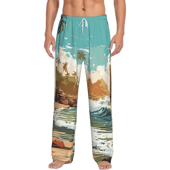 Balery Coastal Palm Beach print Men's Pajama Pants,Ultra Lightweight Pjs,Lounge Pant-Small