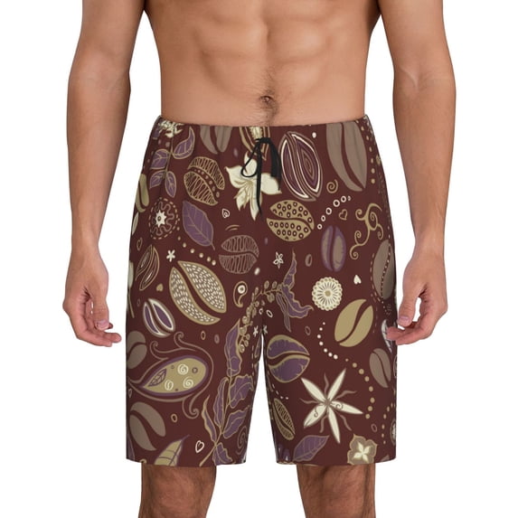 Balery Coffee and Flowers Men's Cotton Knit Pajama Shorts Waistband & Pockets,Short Pajama Pants-Medium
