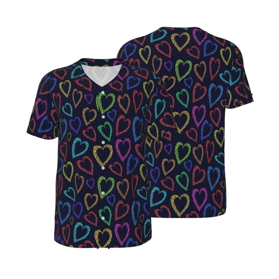 Balery Colored Hearts Baseball Jersey for Men Casual Button Down Shirts Short Sleeve Active Team Sports Uniform-Medium