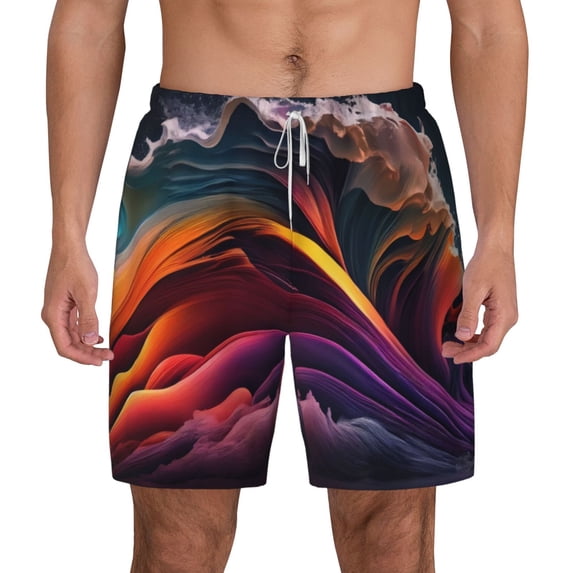 Balery Colorful Abstract Wave Motion Mens Swim Trunks Swim Shorts for Men Quick Dry Inseam Beach Shorts with Compression Liner Pocket-Large