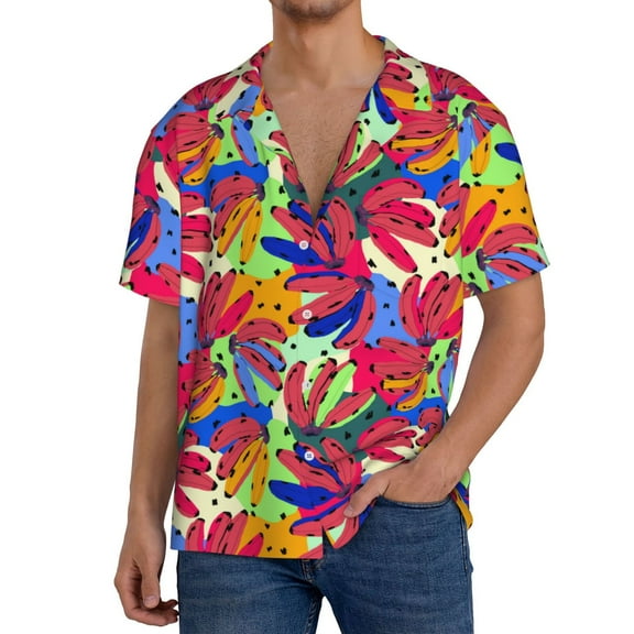 Balery Colorful Bananas Men's Casual Button Down Shirt Short Sleeve Textured Summer Cuban Beach Shirts-Medium