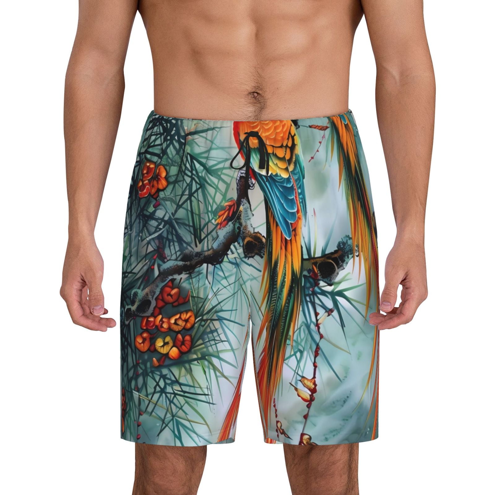 Balery Colorful Birds Pine Branch Men's Cotton Knit Pajama Shorts