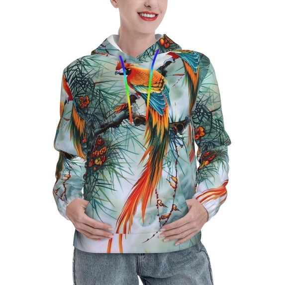 Balery Colorful Birds Pine Branch Pattern Womens Long Sleeve Hoodie, Pullover Hooded Sweatshirt, Kangaroo Pocket Hoodie with Eye-catching Drawstrings-XX-Large