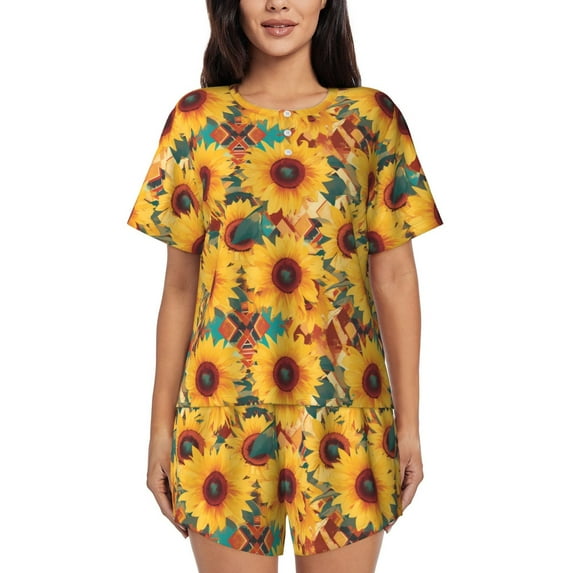 Balery Colorful Bohemian Sunflower Pattern Womens Pajama Sets 2 Piece Soft Short Sleeve Top and Shorts Sleepwear Round Neck Pjs Lounge Set with Pockets-4X-Large