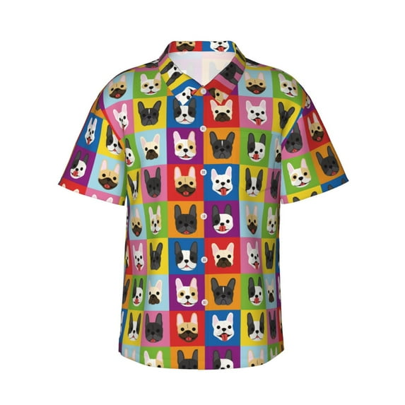 Balery Colorful Bulldog Print Men's Hawaiian Shirts Short Sleeve Beach Shirt Relaxed Fit Vacation Button Down Shirts-XX-Large