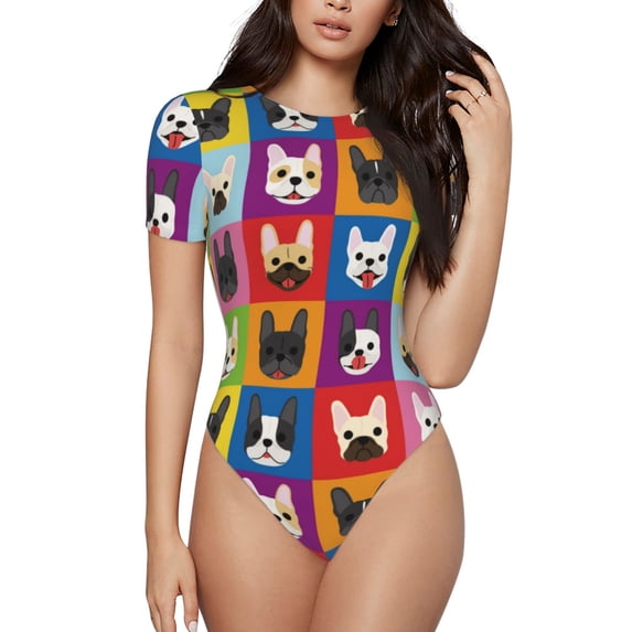 Balery Colorful Bulldog Women's Short Sleevee Crew Neck Bodysuit Tops Short Sleeve Tops Basic-XX-Large