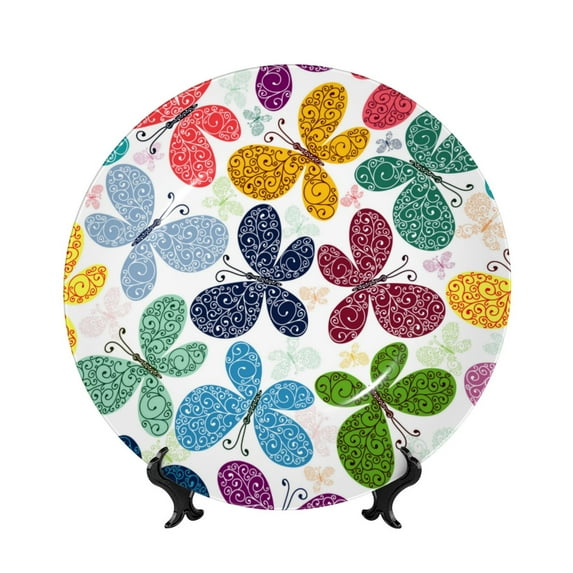 Balery Colorful Butterflies Print Bone China Decorative Plate Ceramic Dinner Plates Art Crafts with Display Stand-6in