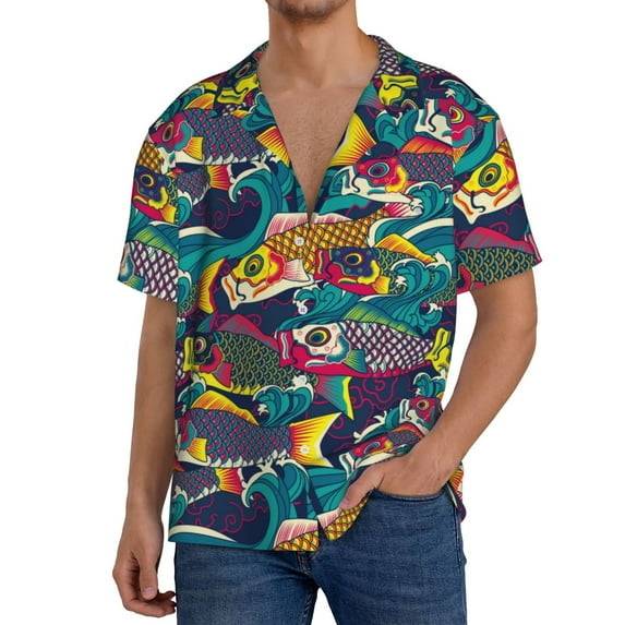 Balery Colorful Carp Streamer Men's Casual Button Down Shirt Short Sleeve Textured Summer Cuban Beach Shirts-