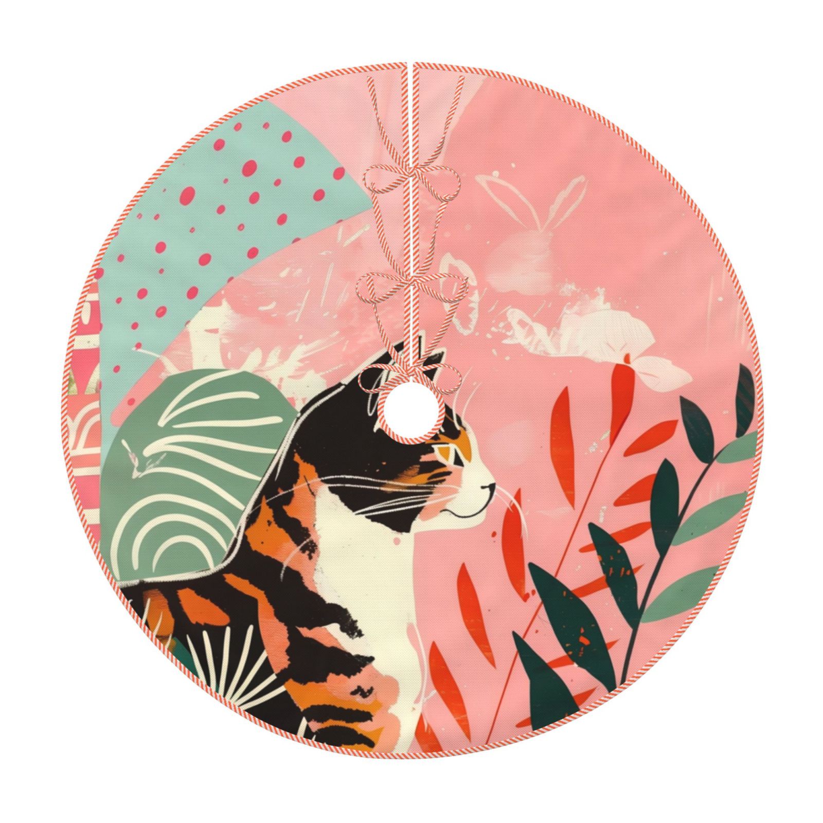 Balery Colorful Cat With Flowers Printed Christmas Tree Skirt , Merry