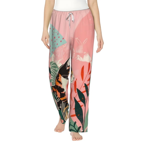 Balery Colorful Cat With Flowers print Women's Pajama Pants,Ultra Lightweight Pjs,Lounge Pant-Medium