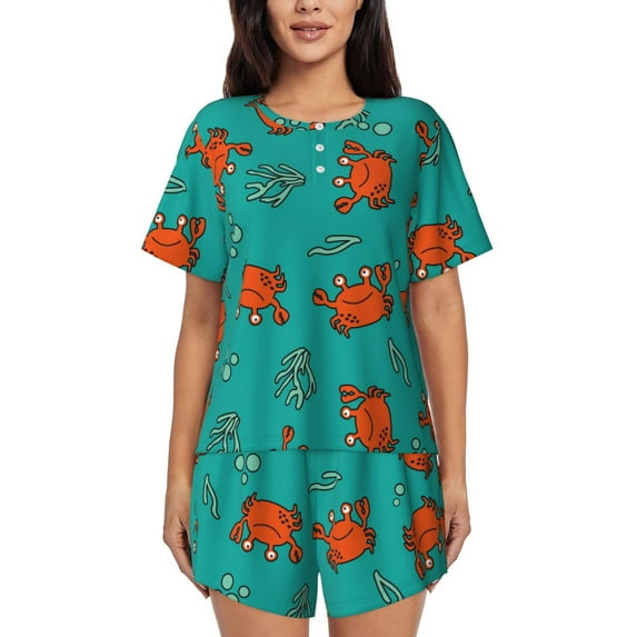 Balery Colorful Crab Pattern Womens Pajama Sets 2 Piece Soft Short Sleeve Top and Shorts Sleepwear Round Neck Pjs Lounge Set with Pockets-XX-Large