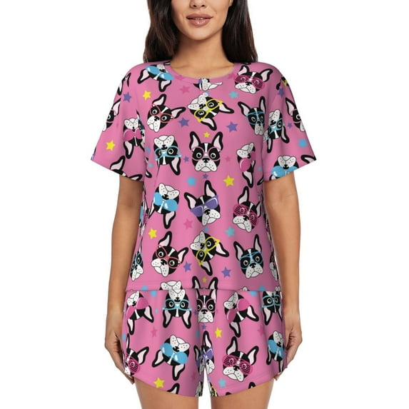 Balery Colorful Cute French Bulldog Pattern Womens Pajama Sets 2 Piece Soft Short Sleeve Top and Shorts Sleepwear Round Neck Pjs Lounge Set with Pockets-Medium