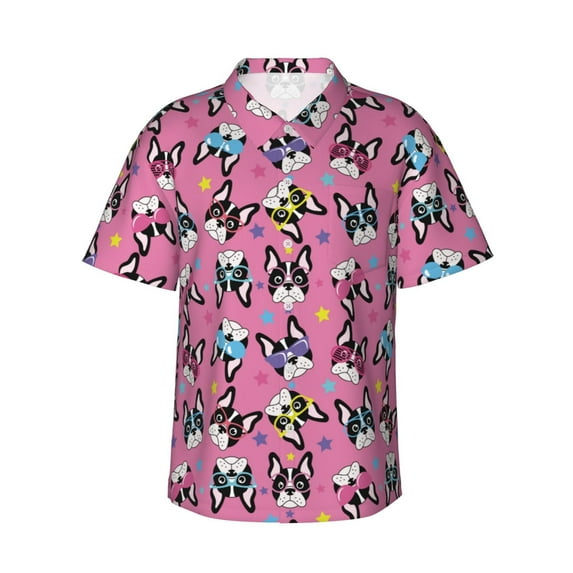 Balery Colorful Cute French Bulldog Print Men's Hawaiian Shirts Short Sleeve Beach Shirt Relaxed Fit Vacation Button Down Shirts-X-Large