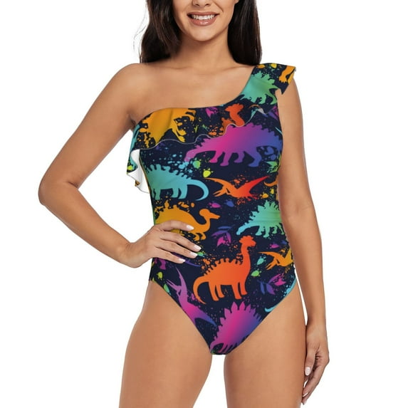 Balery Colorful Dinosaur One Shoulder Swimsuits for Women Ruffle Swimsuits Tummy Control One Shoulder Bathing Suits-Small