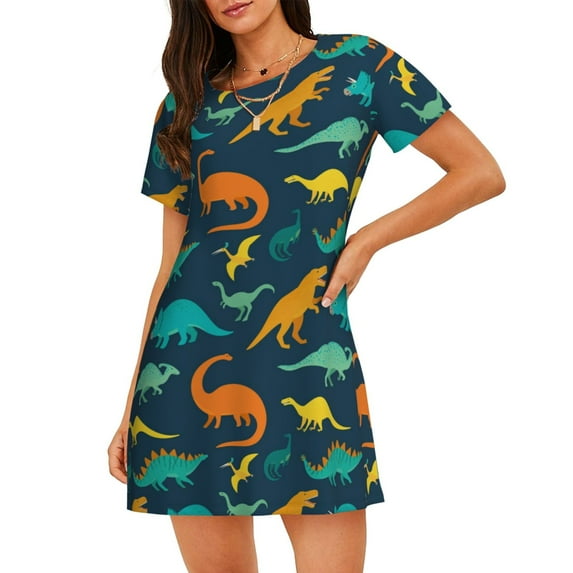 Balery Colorful Dinosaur Pattern Womens Short Sleeve Sleepshirt Scoopneck Cute Nightdress Comfy Nightgown Loungewear Dress