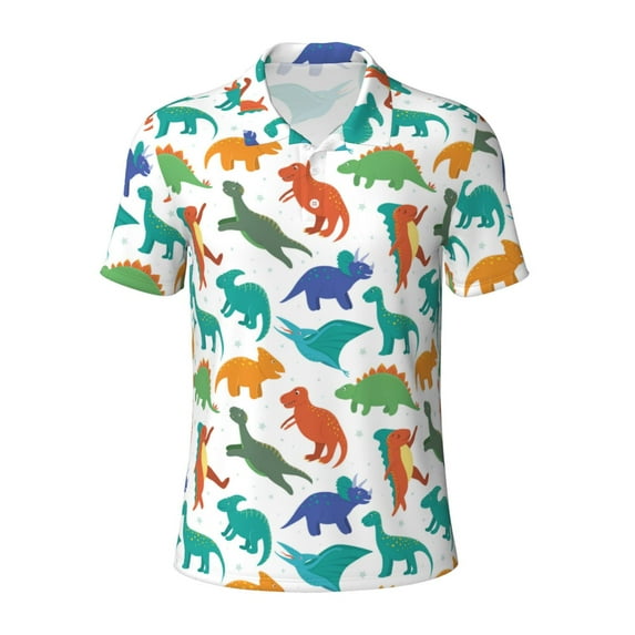 Balery Colorful Dinosaur Printed Men’s Short Sleeve Polo Shirt, Midweight Men's Shirt,Golf Polo shirts -