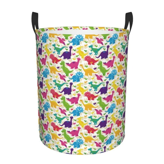 Balery Colorful Dinosaurs Round Laundry Basket with Handles Waterproof Freestanding Laundry Hamper for Clothes Toys in the Dorm and Family-