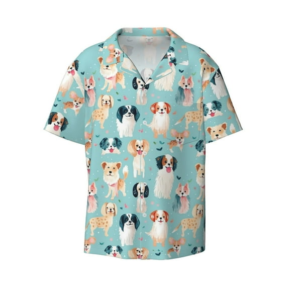 Balery Colorful Dog Men's Casual Button Down Shirt Short Sleeve Textured Summer Cuban Beach Shirts-Small