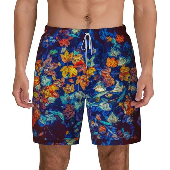 Balery Colorful Fall Leaves Mens Swim Trunks Swim Shorts for Men Quick Dry Inseam Beach Shorts with Compression Liner Pocket-X-Large