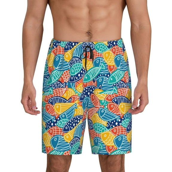 Balery Colorful Fish 1 Men's Cotton Knit Pajama Shorts Waistband & Pockets,Short Pajama Pants-Small
