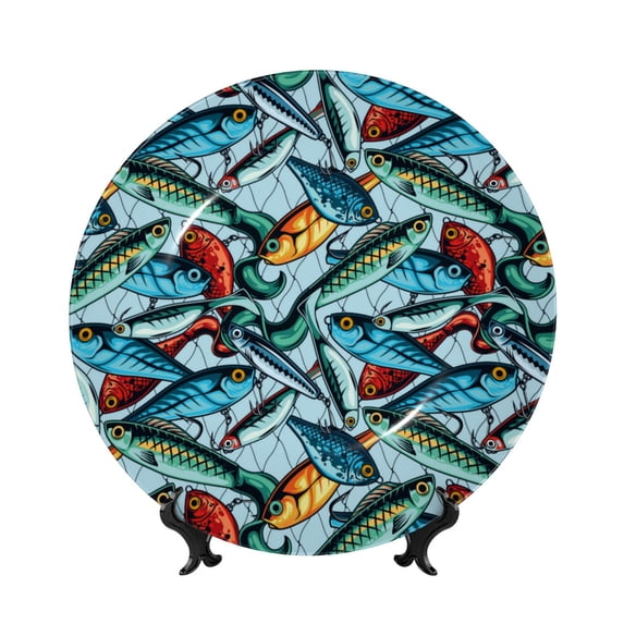 Balery Colorful Fishing Baits Print Bone China Decorative Plate Ceramic Dinner Plates Art Crafts with Display Stand-7in