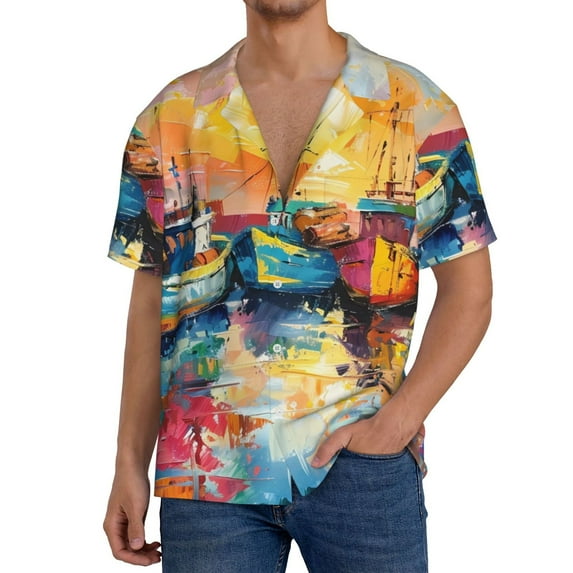 Balery Colorful Fishing Boats Men's Casual Button Down Shirt Short Sleeve Textured Summer Cuban Beach Shirts-Medium