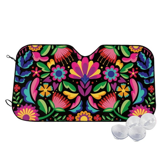 Balery Colorful Floral Embroidery Mexican Windshield Sun Shade, Car Front Window Sunshade Cover ,Automotive Interior Portected Blocks Uv Rays For Car Pickup Truck Suv Accessories- Small