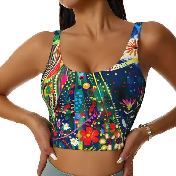 Balery Colorful Floral Forest Fairy Pattern Racerback Sports Bras for Women - Padded Seamless High Impact Support for Yoga Gym Workout Fitness-Small