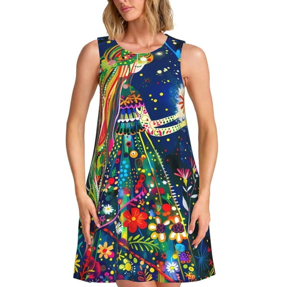Balery Colorful Floral Forest Fairy Pattern Women’s Summer Dresses – Loose Sleeveless Sundress, Casual and Comfortable Beach Dress for Hot Days