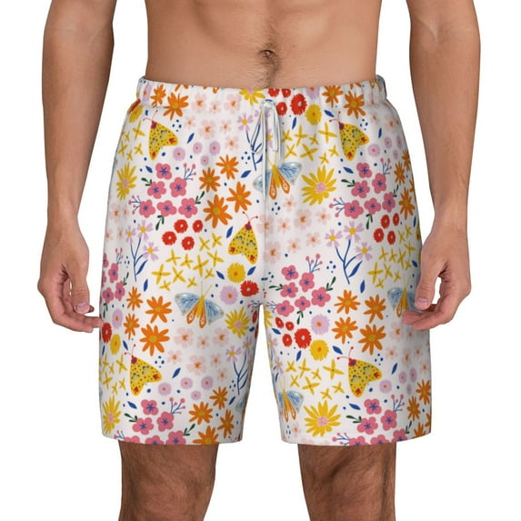Balery Colorful Floral Mens Swim Trunks Swim Shorts for Men Quick Dry Inseam Beach Shorts with Compression Liner Pocket-Medium