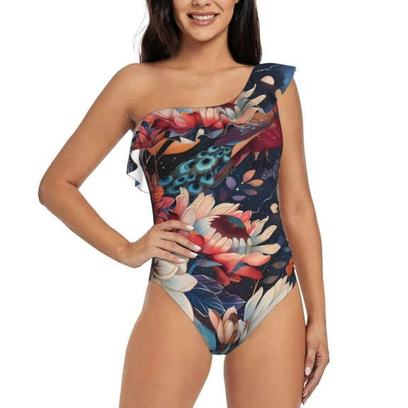 Balery Colorful Flower Peacock One Shoulder Swimsuits for Women Ruffle Swimsuits Tummy Control One Shoulder Bathing Suits-X-Large