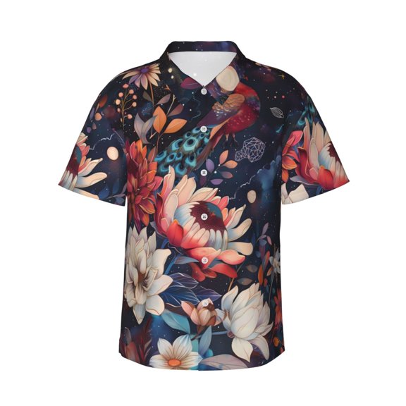 Balery Colorful Flower Peacock Print Men's Hawaiian Shirts Short Sleeve Beach Shirt Relaxed Fit Vacation Button Down Shirts-Medium