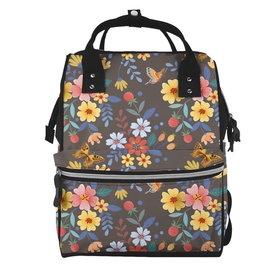 Balery Colorful Flowers with Butterfly Mummy Backpack - Waterproof Twill Canvas, Large Capacity Diaper Bag with Multiple Pockets and Adjustable Straps
