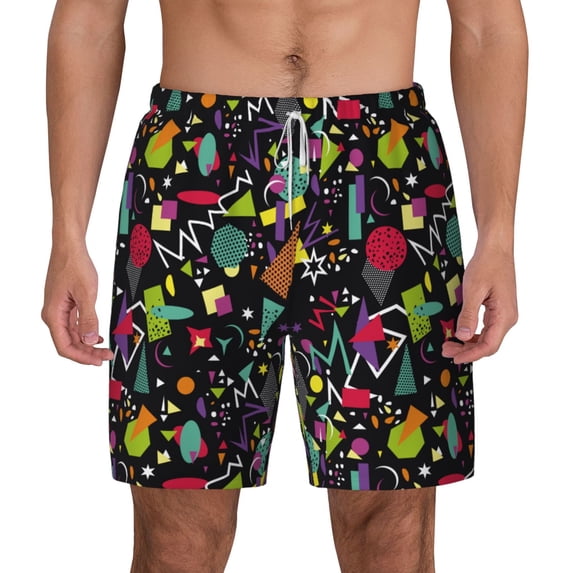 Balery Colorful Geometric Figures Mens Swim Trunks Swim Shorts for Men Quick Dry Inseam Beach Shorts with Compression Liner Pocket-3X-Large